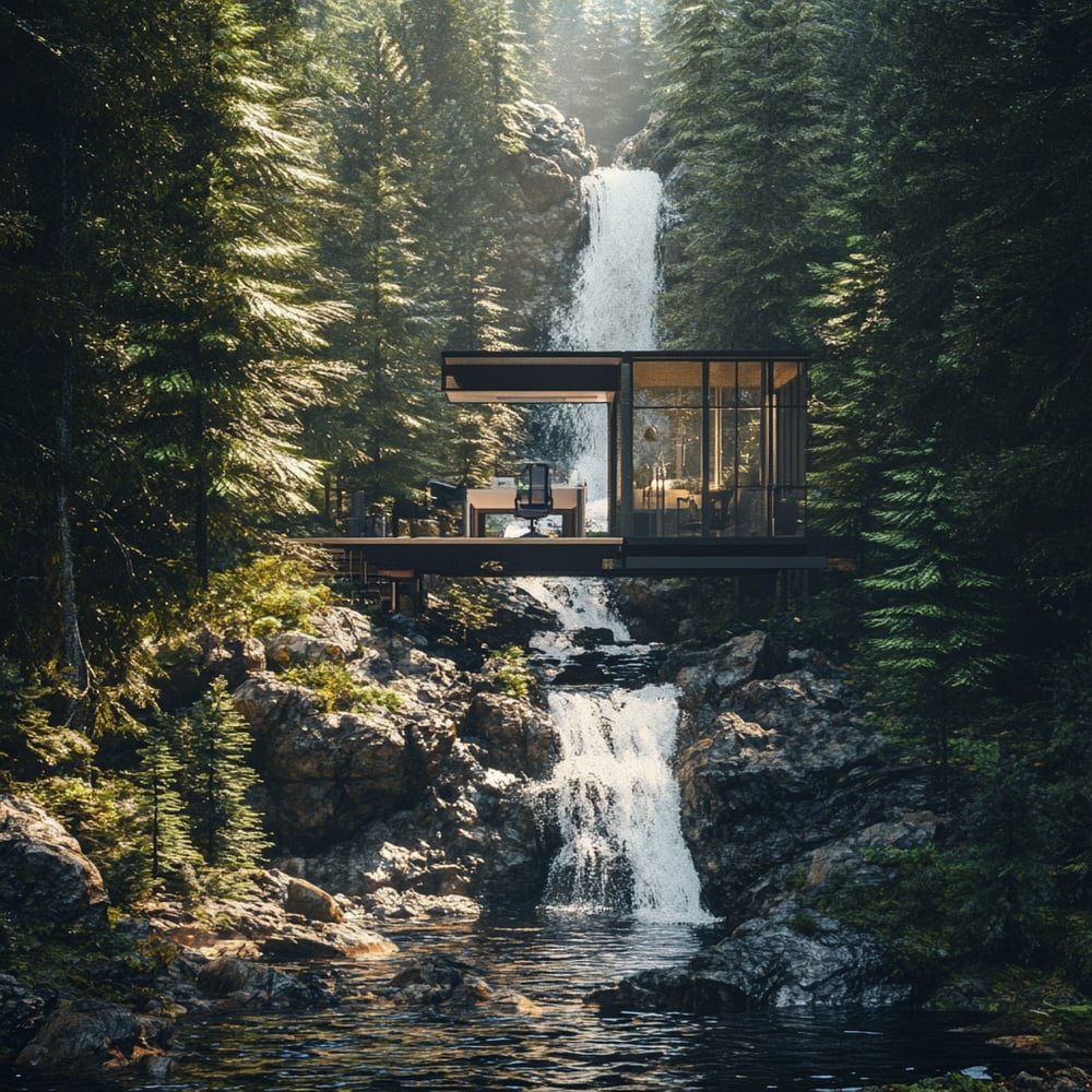 Modernes Glashaus mit Terrasse über einem Wasserfall im Nadelwald