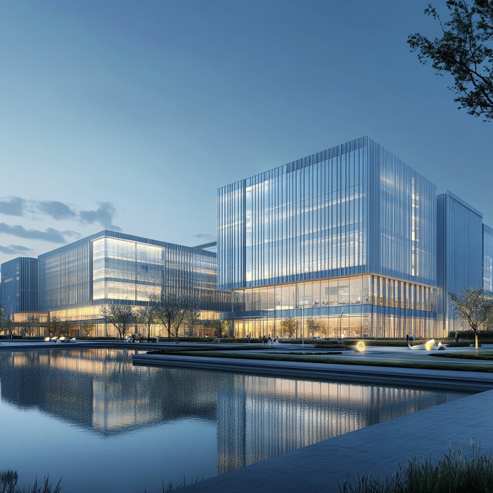 Moderne Bürogebäude spiegeln sich in einem ruhigen Wasserbecken