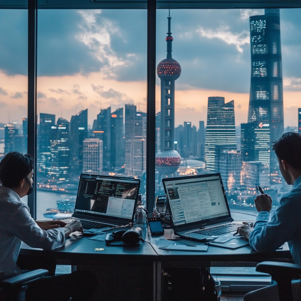 Zwei Personen arbeiten an Laptops vor Shanghais Skyline
